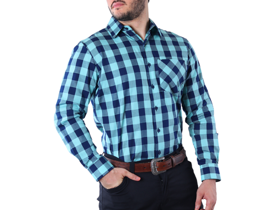 Camisa Casual de Hombre a Cuadros Turquesa/Azul | Manga Larga Regular Fit | KHAKI & BLUES