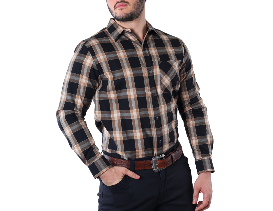 Camisa Casual Berman Hombre Cuadros Negro/Café | Algodón Oxford Regular Fit | KHAKI & BLUES