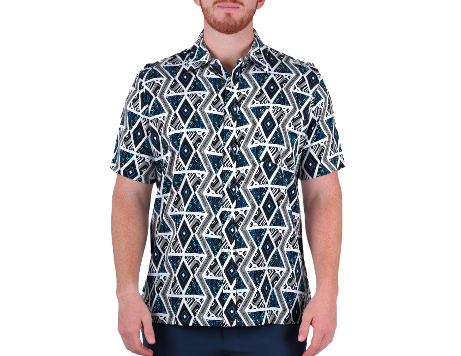 Camisa Casual Hombre Estampado Geométrico Azul/Rojo | Manga Corta 100% Viscosa Fresca | KHAKI & BLUES
