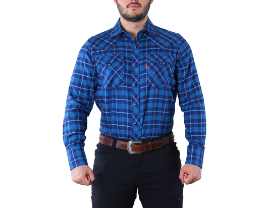 Camisa Vaquera Western Manga Larga para Hombre a Cuadros de Corte Clásica | 51% Bambú, 36% Poliéster y 13% Acrilán | BOCHI