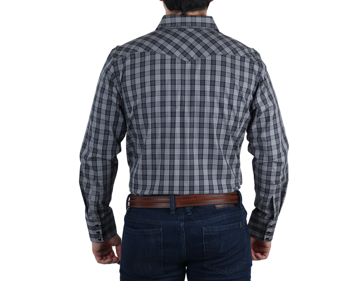 Camisa Vaquera Western Elegante Manga Larga para Hombre de Cuadros Negro/Gris de Corte Clásico | 75% Algodón y 25% Modal | BOCHI
