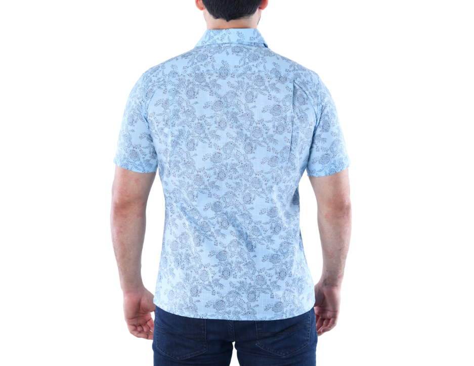 Camisa Casual Hombre Manga Corta Estampado Floral Cachemir Azul Cielo | 100% Algodón | KHAKI & BLUES