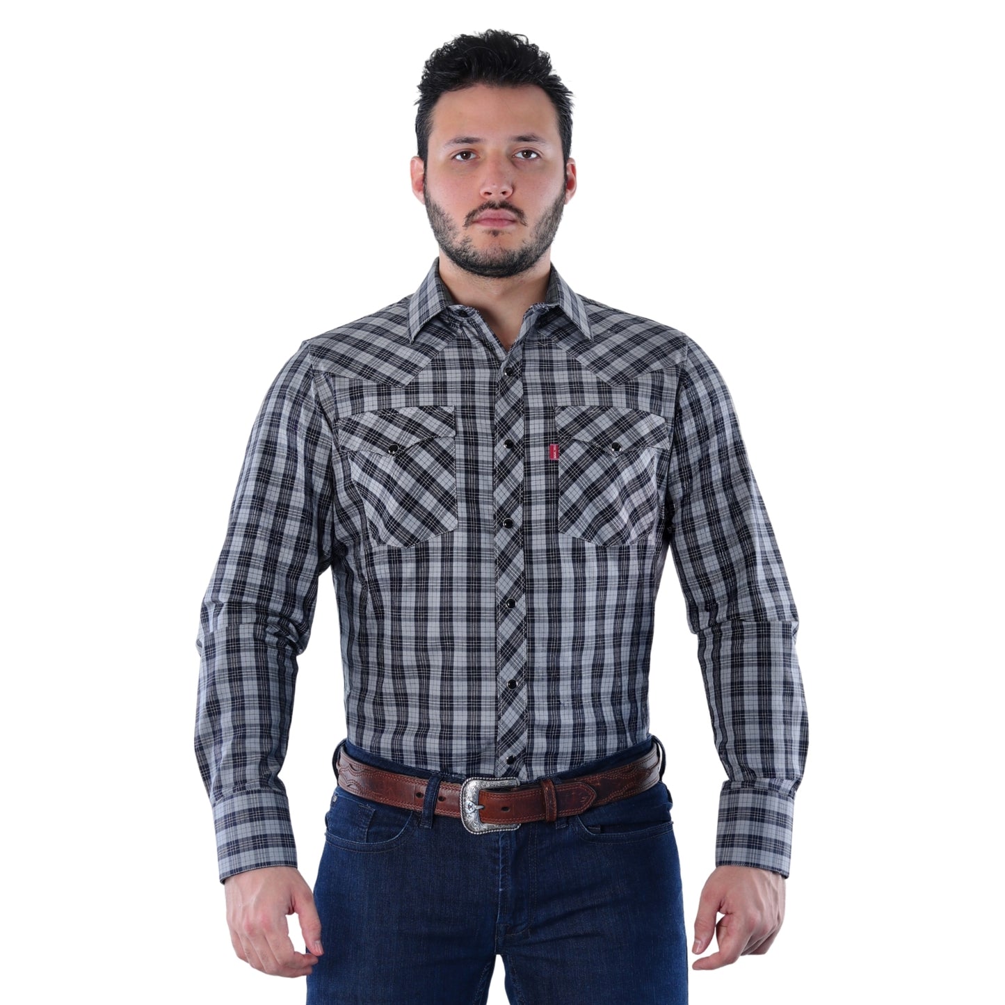 Camisa Vaquera Hombre Cuadros Negro/Gris | Western Elegante Manga Larga | BOCHI