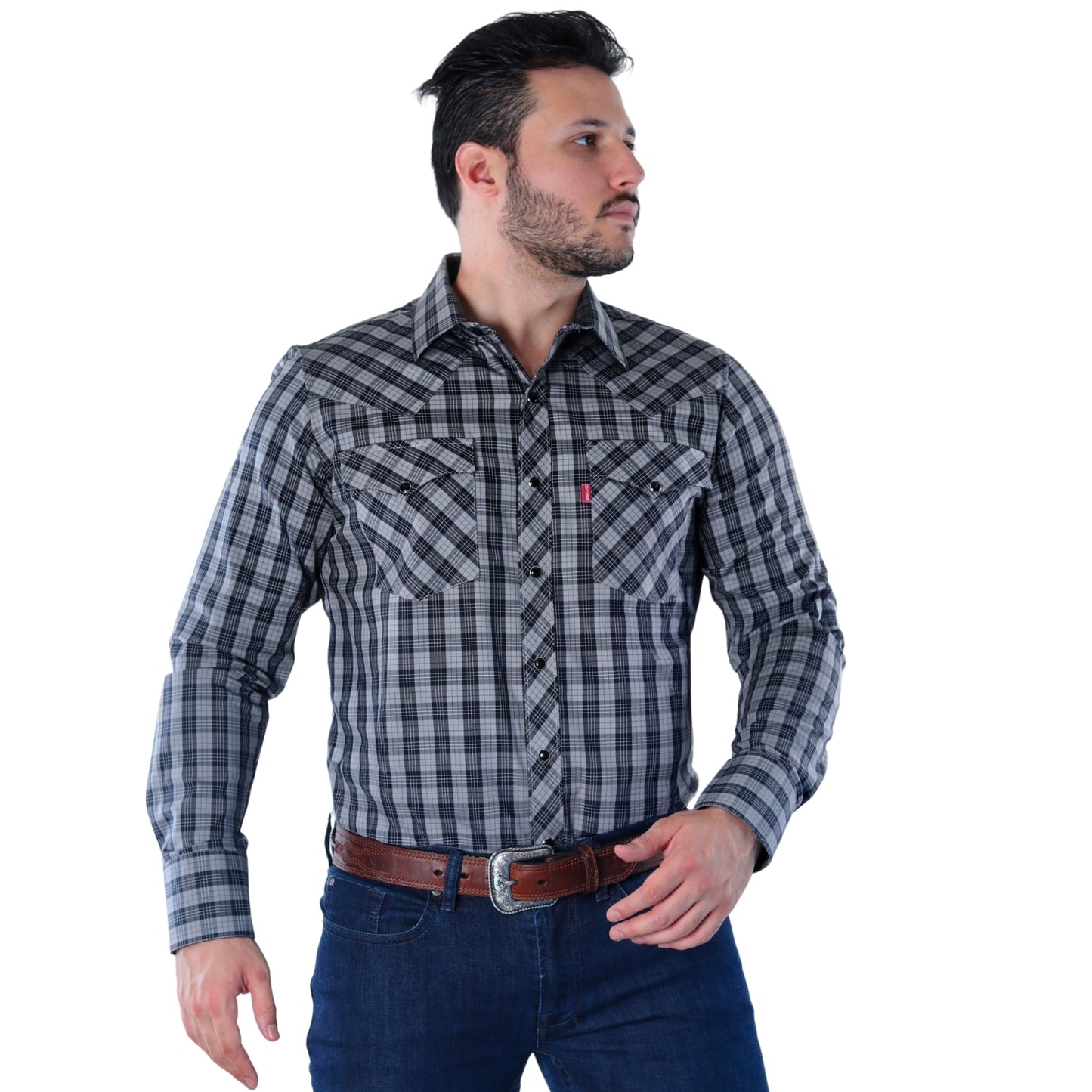 Camisa Vaquera Hombre Cuadros Negro/Gris | Western Elegante Manga Larga | BOCHI