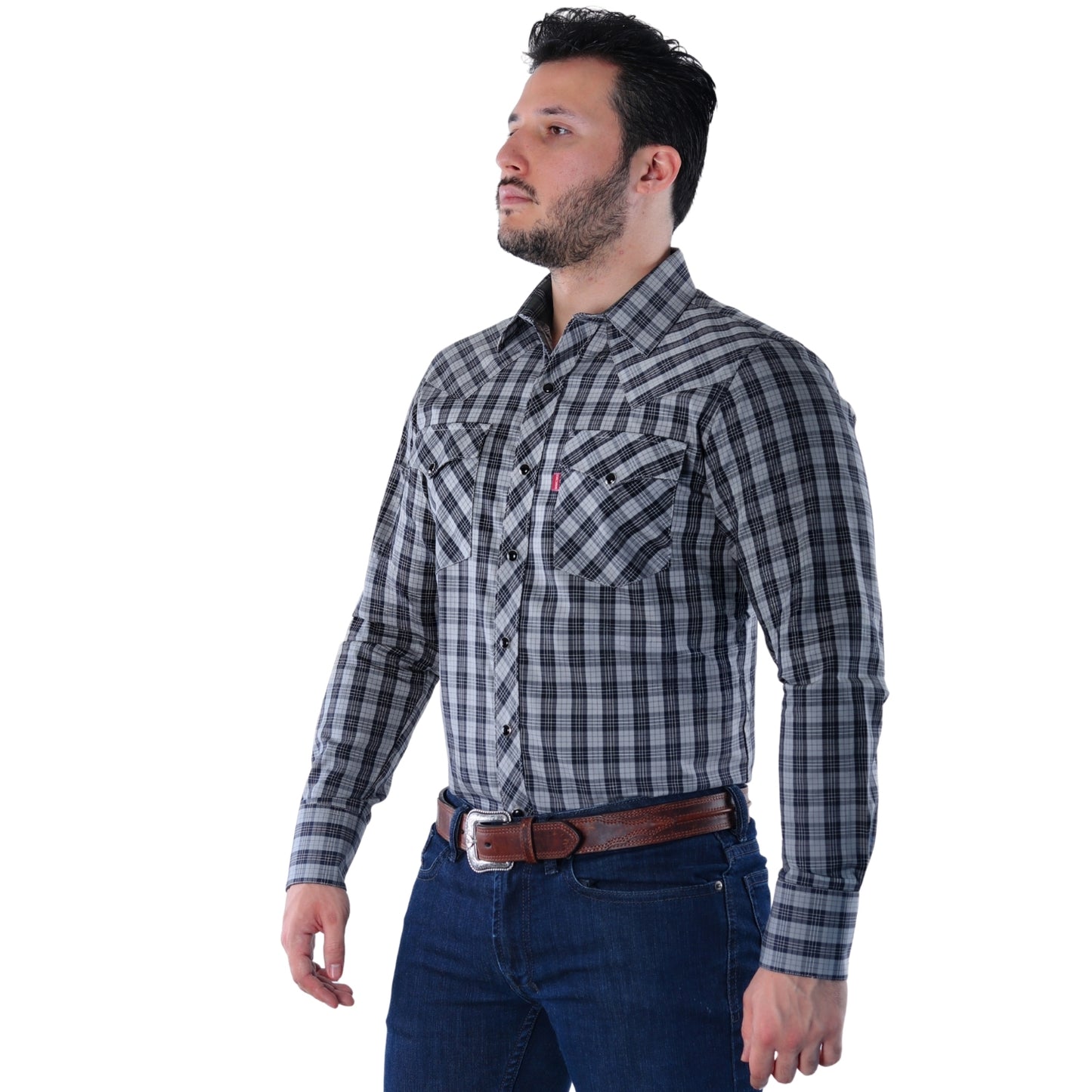 Camisa Vaquera Hombre Cuadros Negro/Gris | Western Elegante Manga Larga | BOCHI