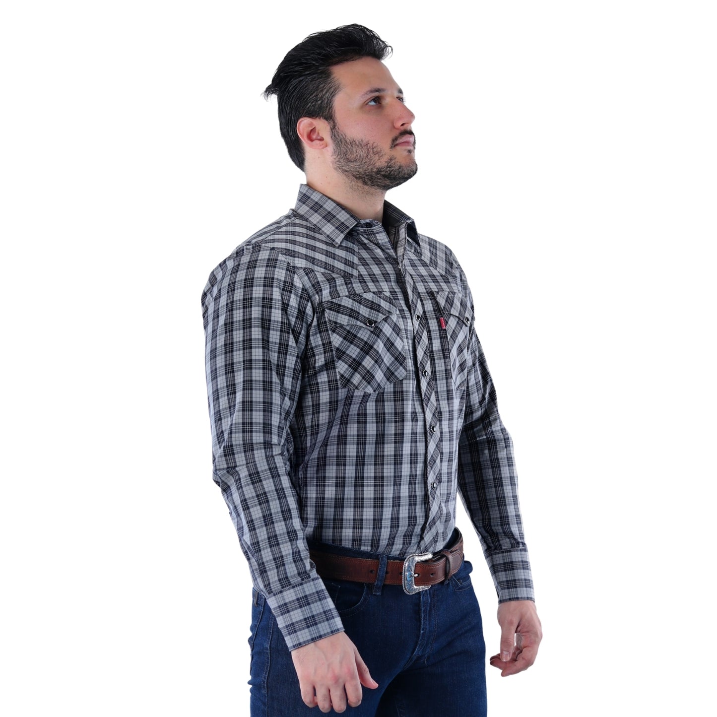 Camisa Vaquera Hombre Cuadros Negro/Gris | Western Elegante Manga Larga | BOCHI