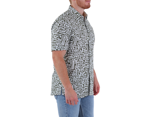 Chazarilla Casual Manga Corta para Hombre con Diseño Intricado de Corte Clásico | 70% Algodón y 30% Lino | KHAKI & BLUES