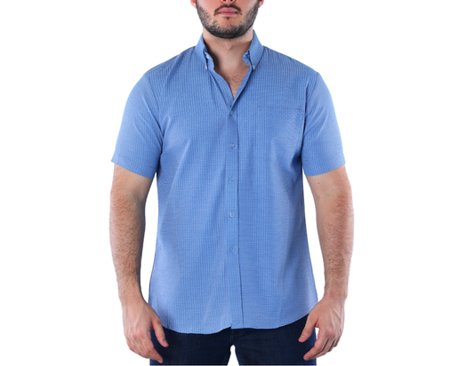 Camisa Casual Hombre Micro Textura Azul Cielo | Manga Corta Fresca | 50% Algodón | KHAKI & BLUES