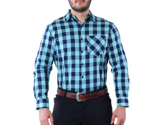 Camisa Casual de Hombre a Cuadros Turquesa/Azul | Manga Larga Regular Fit | KHAKI & BLUES