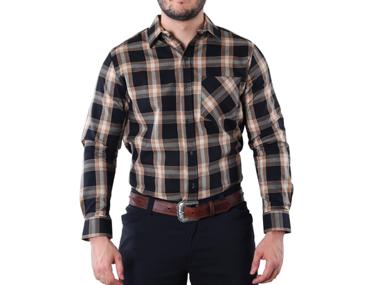 Camisa Casual Berman Hombre Cuadros Negro/Café | Algodón Oxford Regular Fit | KHAKI & BLUES