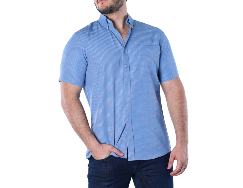 Camisa Casual Hombre Micro Textura Azul Cielo | Manga Corta Fresca | 50% Algodón | KHAKI & BLUES