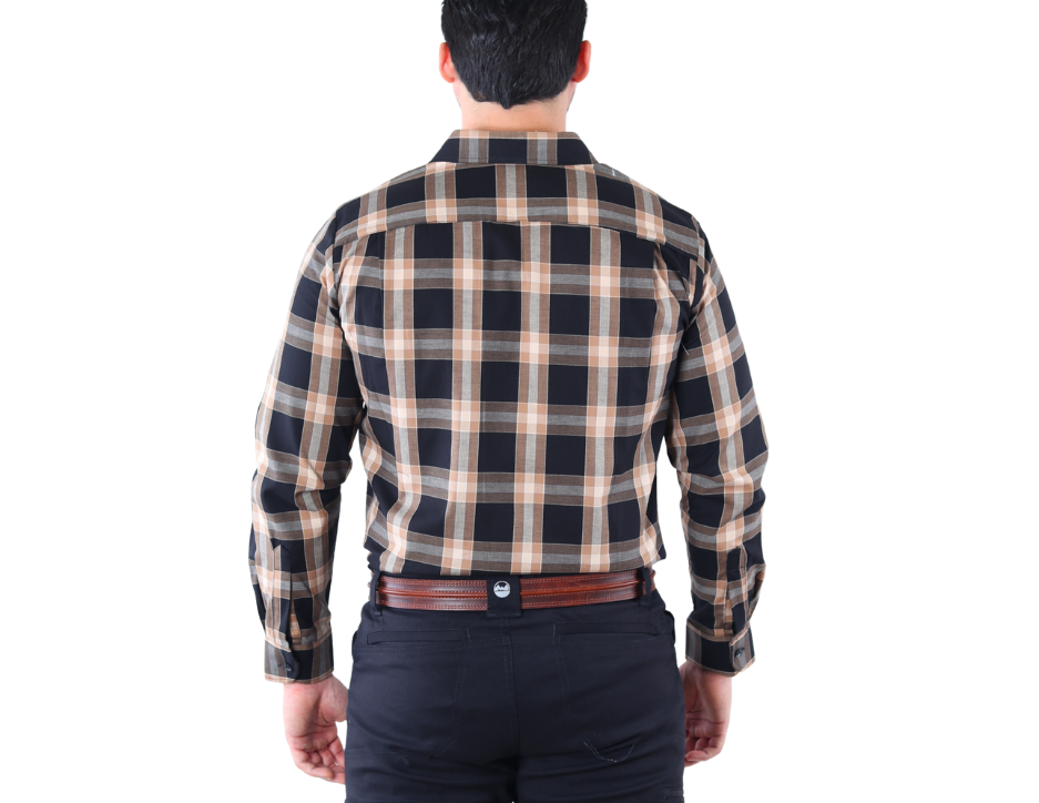 Camisa Casual Berman Hombre Cuadros Negro/Café | Algodón Oxford Regular Fit | KHAKI & BLUES