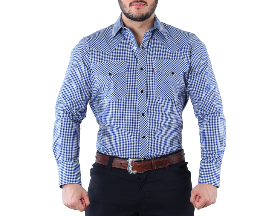 Camisa Vaquera de Hombre Cuadros Azul y Blanco | Western Manga Larga | FARWEST