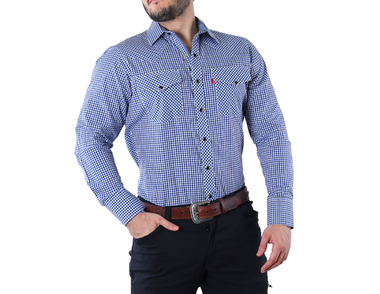 Camisa Vaquera de Hombre Cuadros Azul y Blanco | Western Manga Larga | FARWEST
