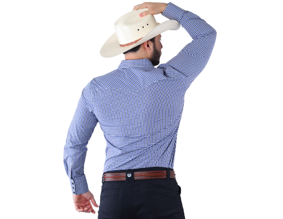 Camisa Vaquera de Hombre Cuadros Azul y Blanco | Western Manga Larga | FARWEST