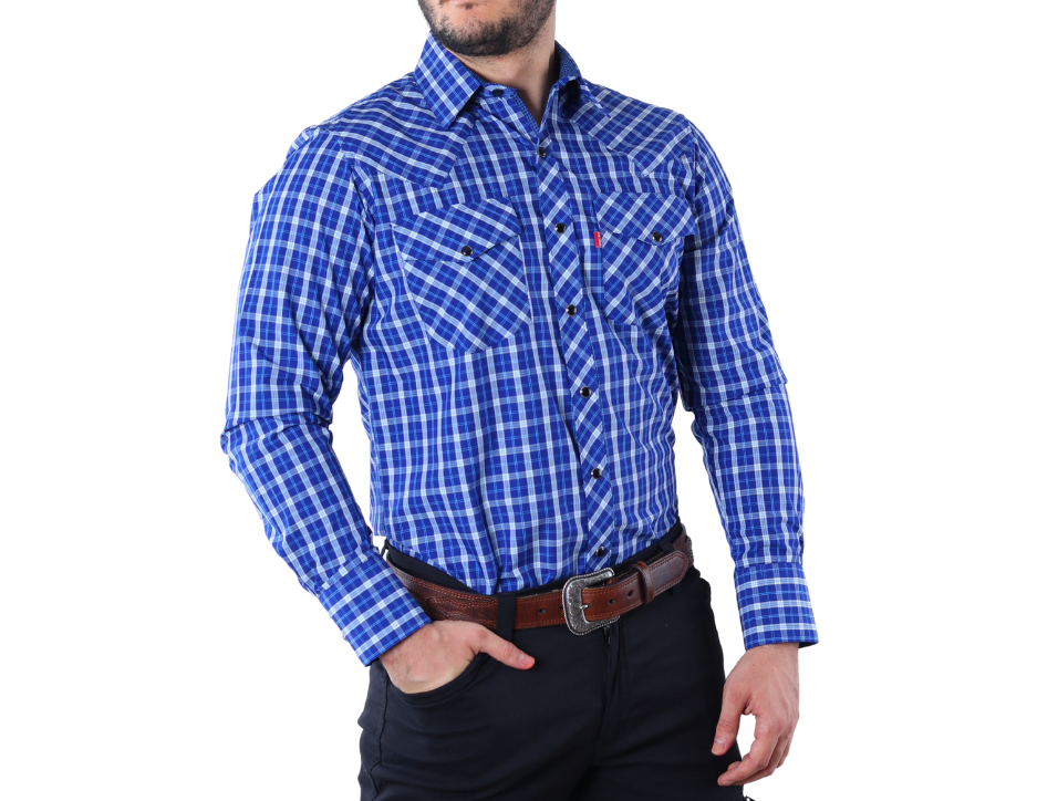 Camisa Vaquera Slim Fit Hombre Cuadros | Botones Perla | Manga Larga | FARWEST