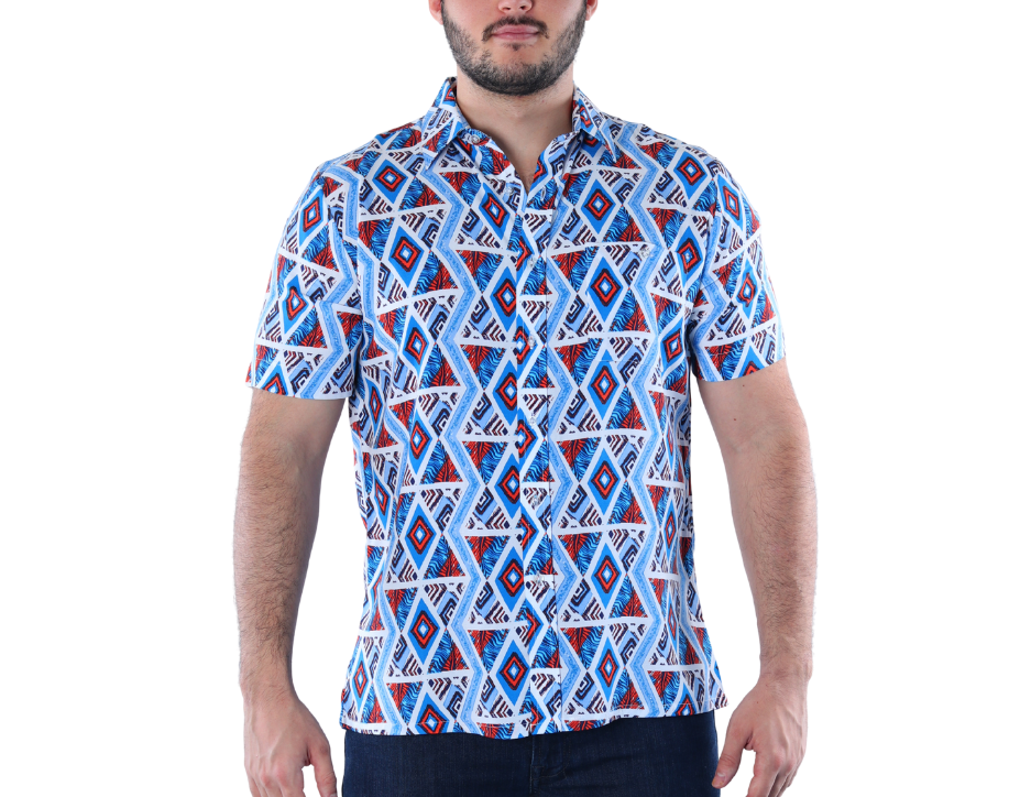 Camisa Casual Hombre Estampado Geométrico Azul/Rojo | Manga Corta 100% Viscosa Fresca | KHAKI & BLUES