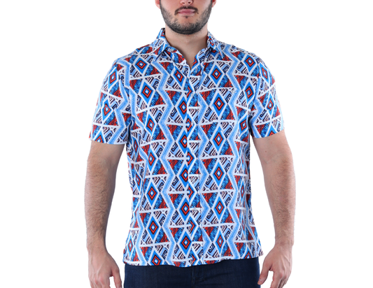 Camisa Casual Hombre Estampado Geométrico Azul/Rojo | Manga Corta 100% Viscosa Fresca | KHAKI & BLUES