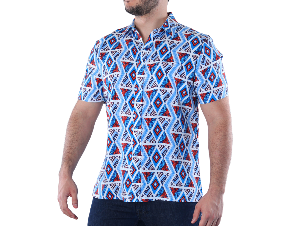 Camisa Casual Hombre Estampado Geométrico Azul/Rojo | Manga Corta 100% Viscosa Fresca | KHAKI & BLUES