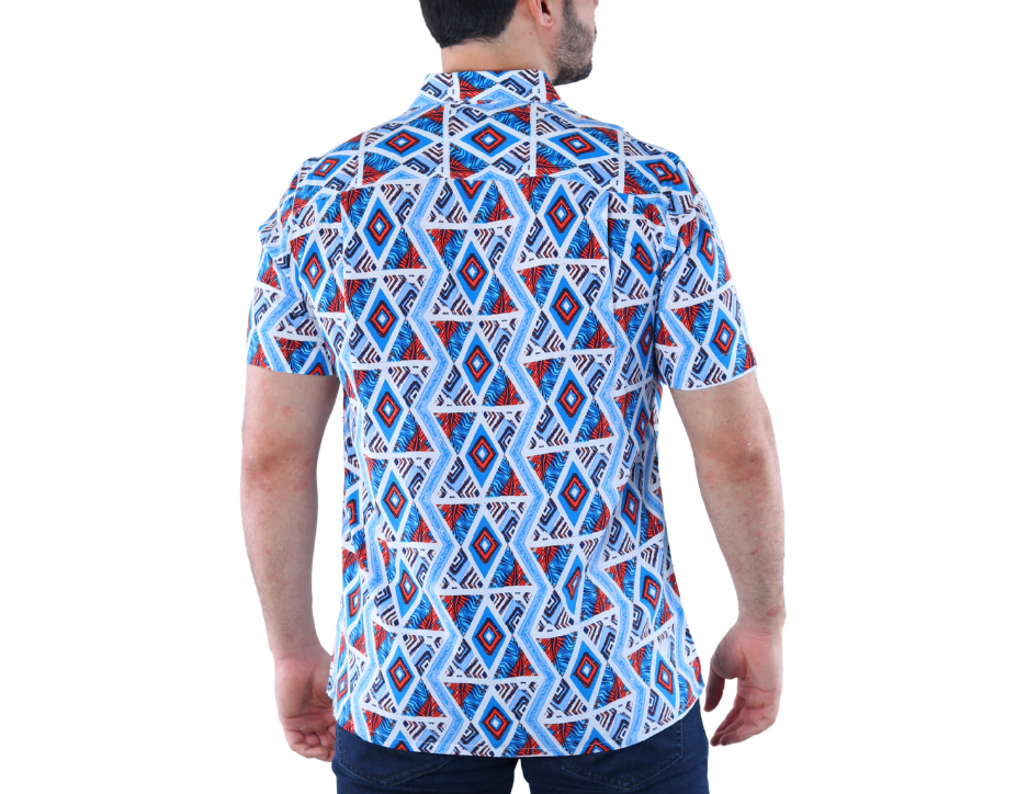 Camisa Casual Hombre Estampado Geométrico Azul/Rojo | Manga Corta 100% Viscosa Fresca | KHAKI & BLUES