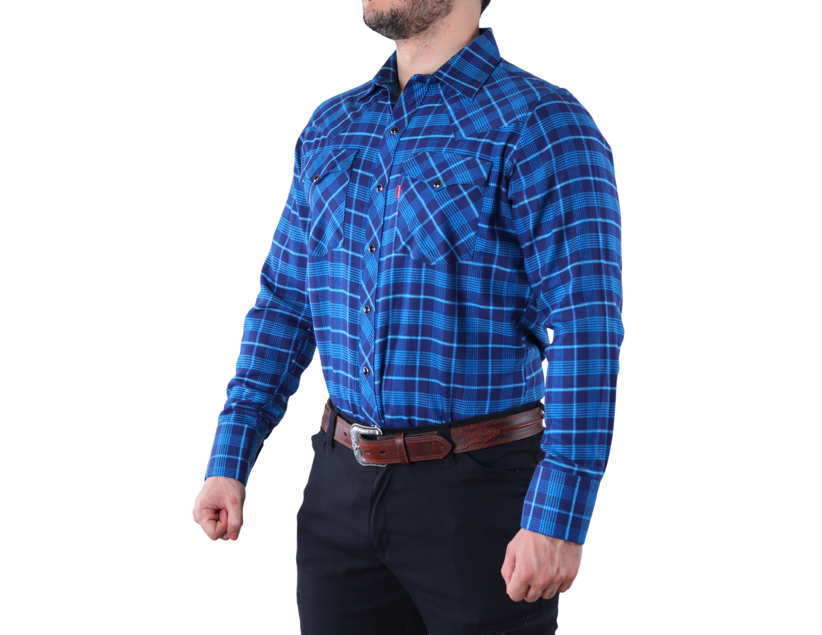 Camisa Vaquera Western Manga Larga para Hombre a Cuadros de Corte Clásica | 51% Bambú, 36% Poliéster y 13% Acrilán | BOCHI