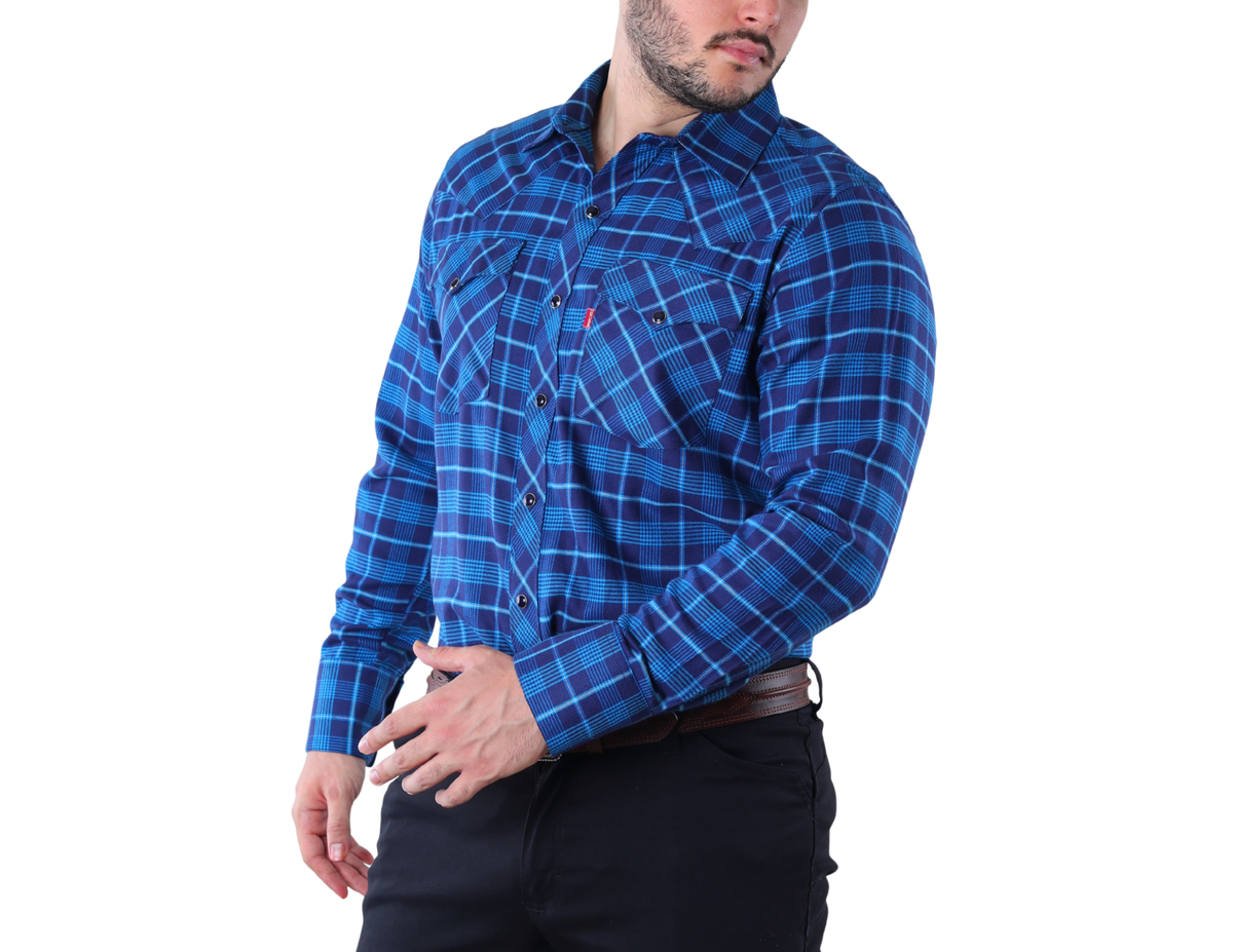 Camisa Vaquera Western Manga Larga para Hombre a Cuadros de Corte Clásica | 51% Bambú, 36% Poliéster y 13% Acrilán | BOCHI