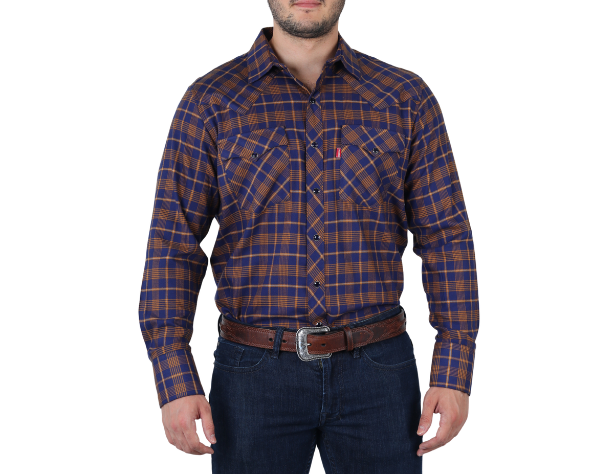 Camisa Vaquera Western Manga Larga para Hombre a Cuadros de Corte Clásica | 51% Bambú, 36% Poliéster y 13% Acrilán | BOCHI
