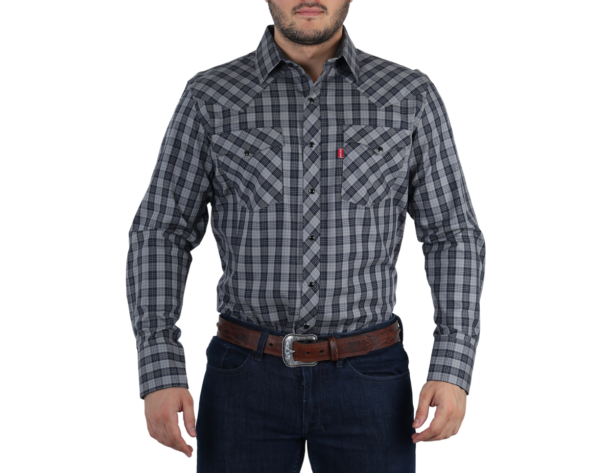 Camisa Vaquera Western Elegante Manga Larga para Hombre de Cuadros Negro/Gris de Corte Clásico | 75% Algodón y 25% Modal | BOCHI