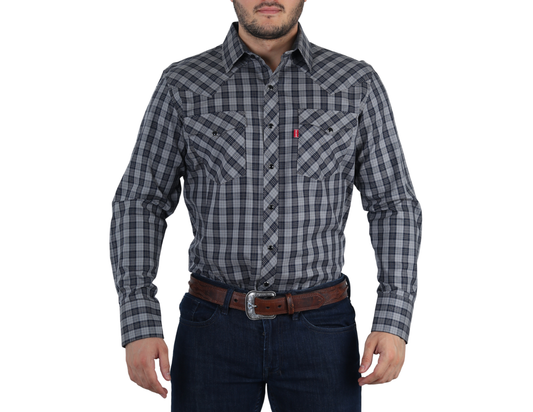 Camisa Vaquera Western Elegante Manga Larga para Hombre de Cuadros Negro/Gris de Corte Clásico | 75% Algodón y 25% Modal | BOCHI