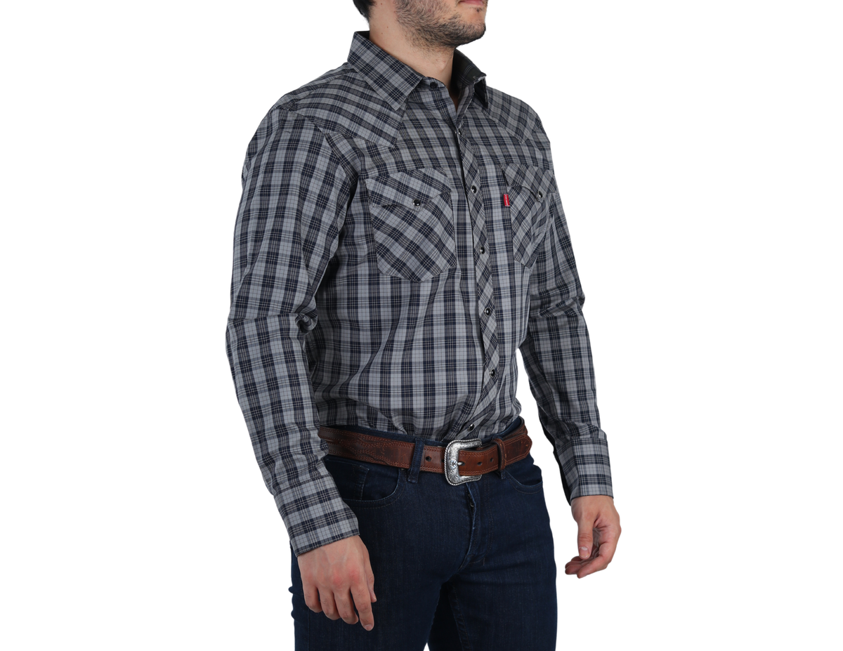Camisa Vaquera Western Elegante Manga Larga para Hombre de Cuadros Negro/Gris de Corte Clásico | 75% Algodón y 25% Modal | BOCHI