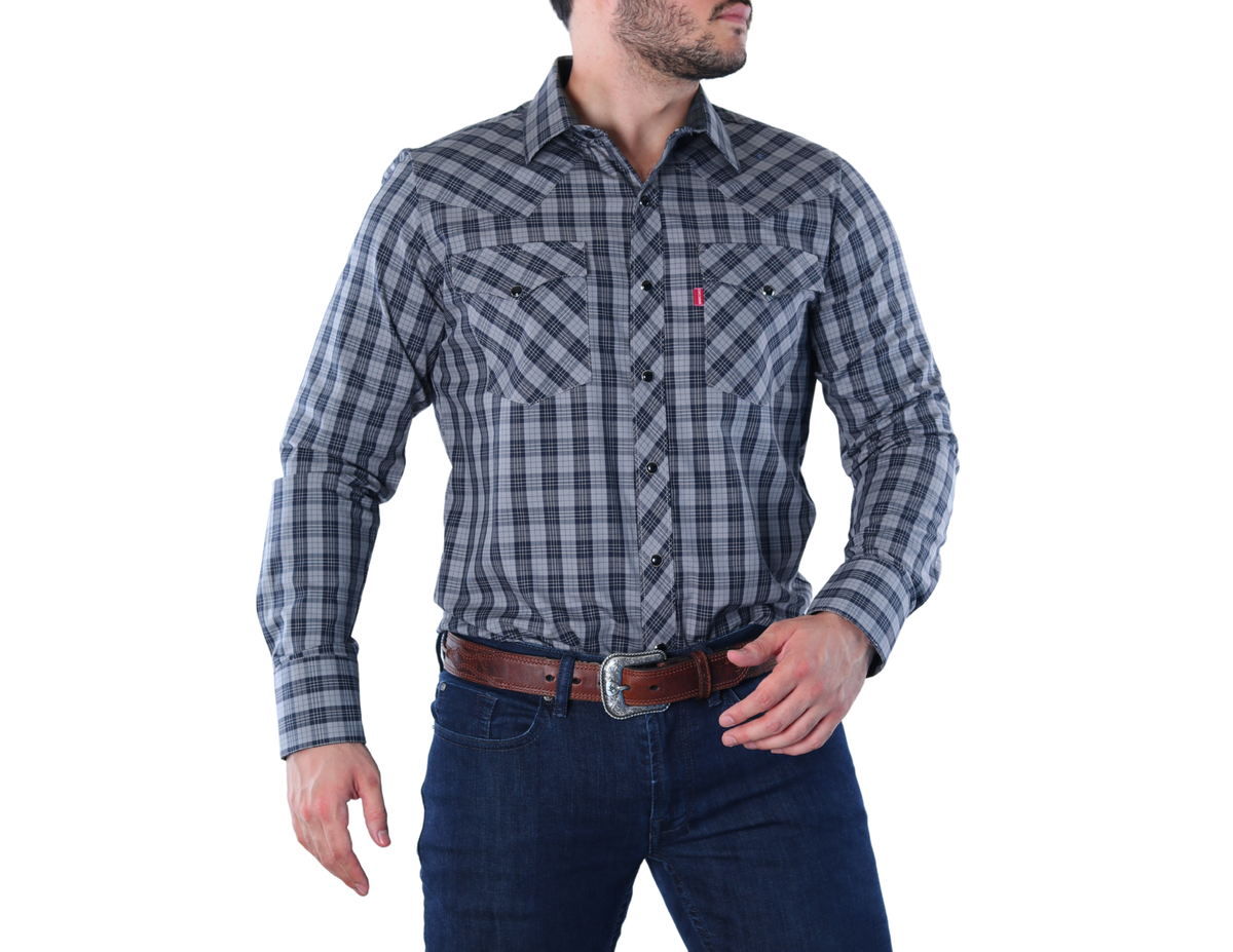 Camisa Vaquera Western Elegante Manga Larga para Hombre de Cuadros Negro/Gris de Corte Clásico | 75% Algodón y 25% Modal | BOCHI
