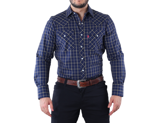 Camisa Vaquera Western Manga Larga para Hombre Azul Marino con Líneas Beige de Corte Clásico | 75% Algodón y 25% Modal | BOCHI