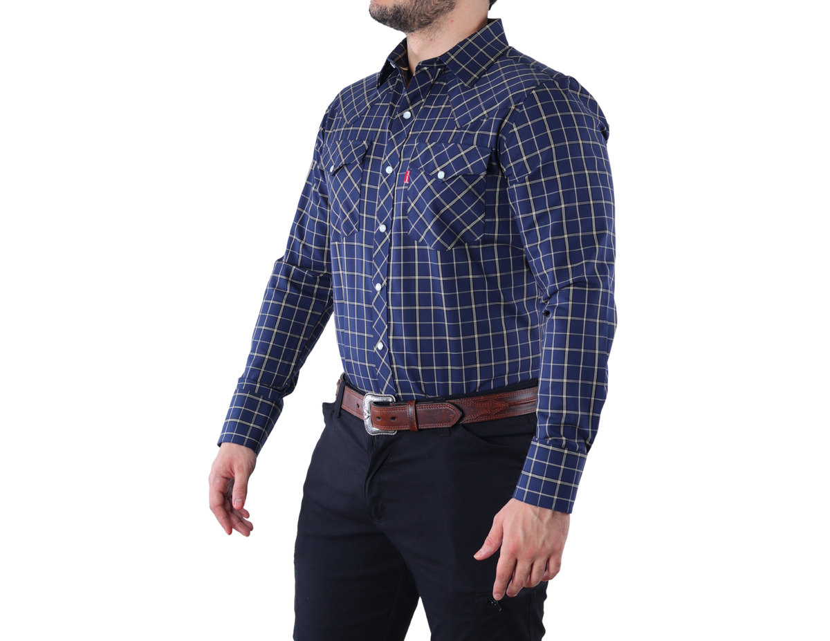 Camisa Vaquera Western Manga Larga para Hombre Azul Marino con Líneas Beige de Corte Clásico | 75% Algodón y 25% Modal | BOCHI