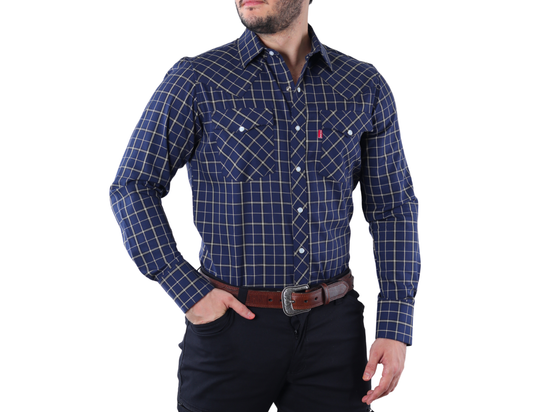 Camisa Vaquera Western Manga Larga para Hombre Azul Marino con Líneas Beige de Corte Clásico | 75% Algodón y 25% Modal | BOCHI