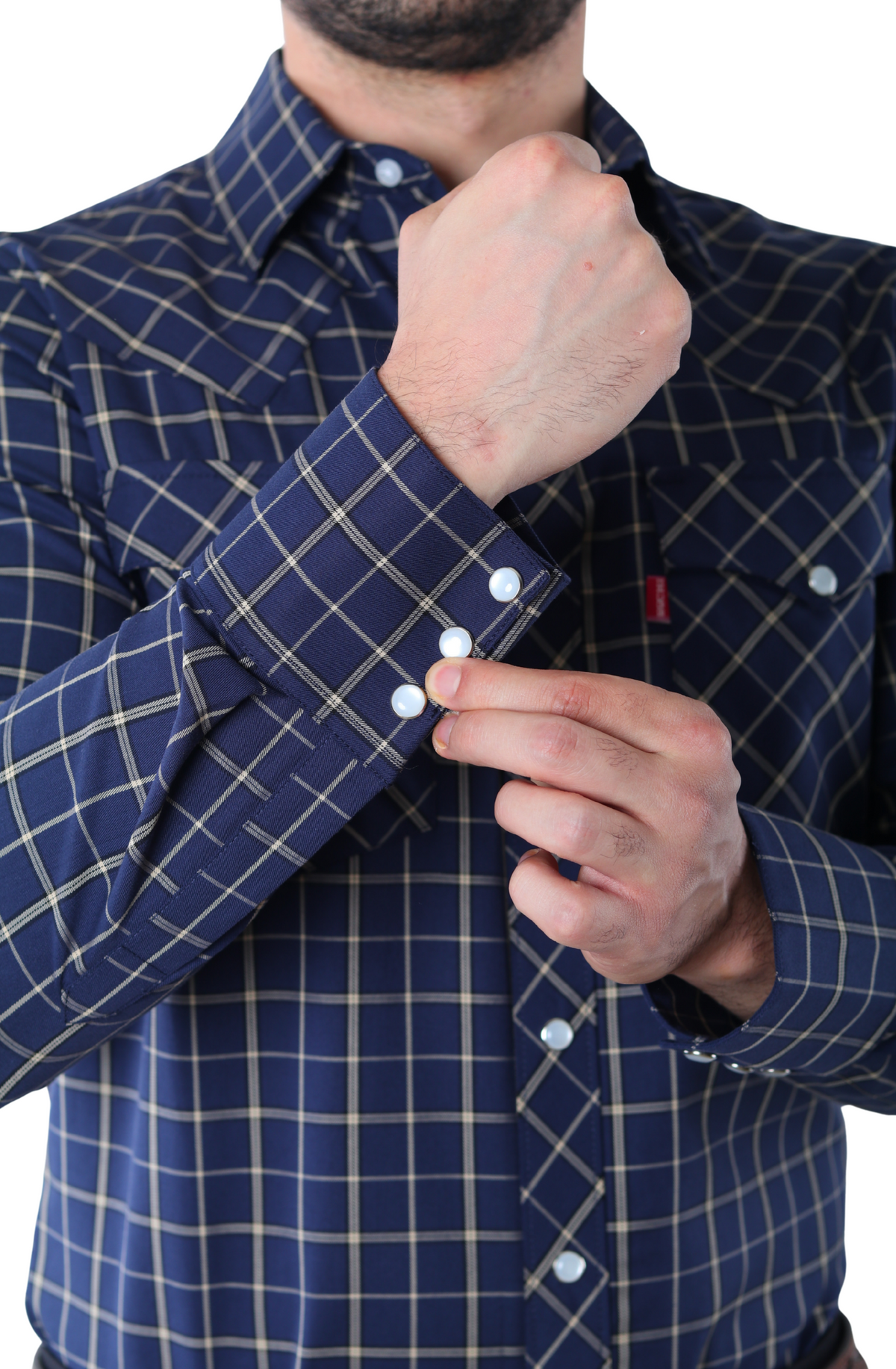 Camisa Vaquera Western Manga Larga para Hombre Azul Marino con Líneas Beige de Corte Clásico | 75% Algodón y 25% Modal | BOCHI