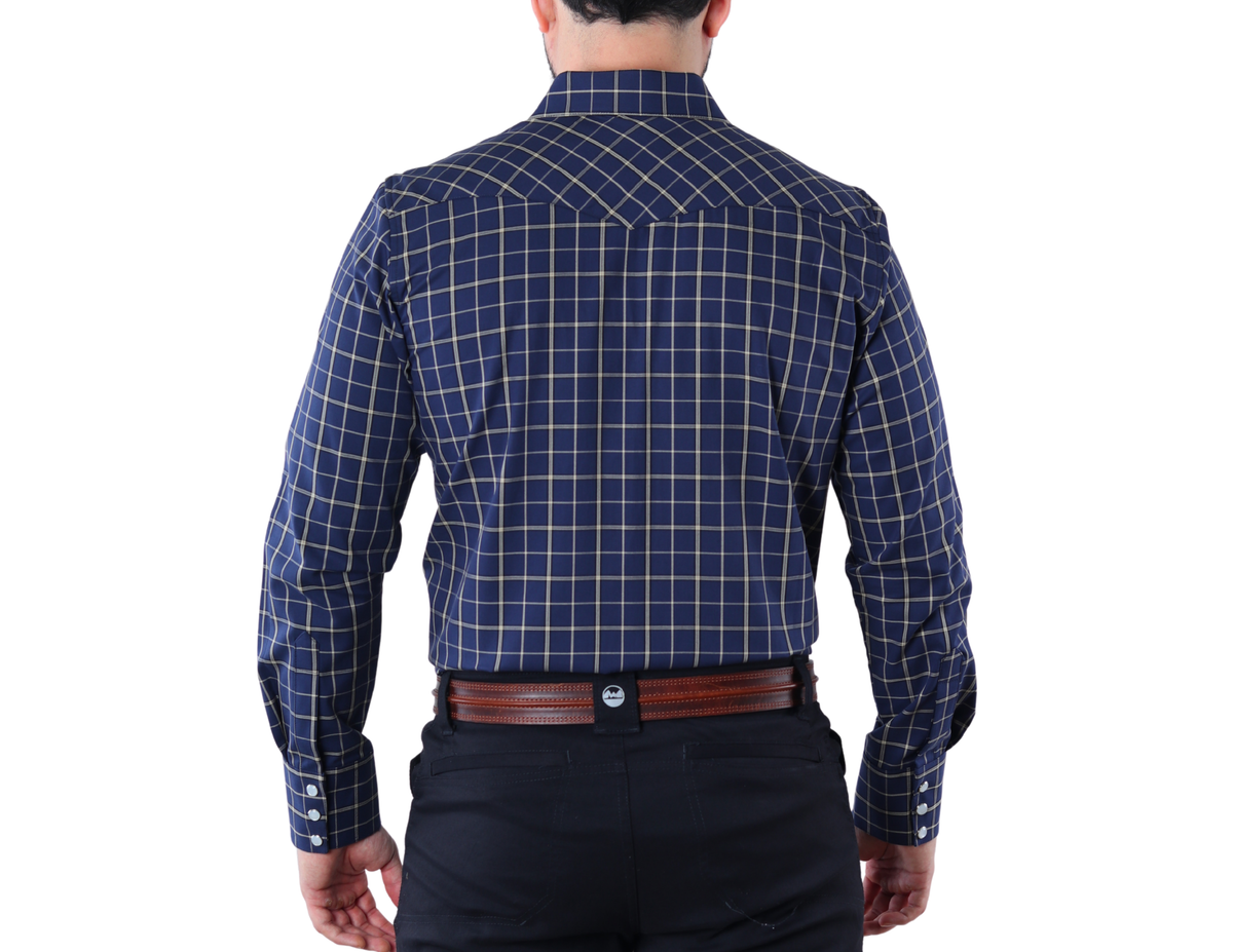 Camisa Vaquera Western Manga Larga para Hombre Azul Marino con Líneas Beige de Corte Clásico | 75% Algodón y 25% Modal | BOCHI