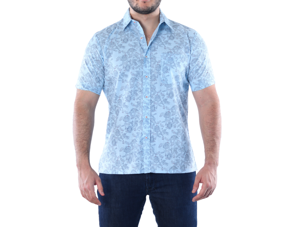 Camisa Casual Hombre Manga Corta Estampado Floral Cachemir Azul Cielo | 100% Algodón | KHAKI & BLUES