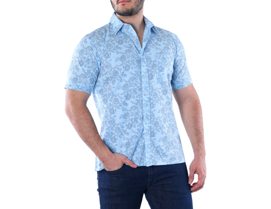 Camisa Casual Hombre Manga Corta Estampado Floral Cachemir Azul Cielo | 100% Algodón | KHAKI & BLUES