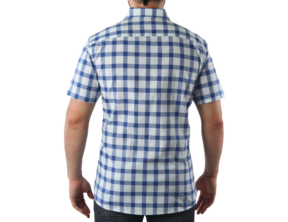 Camisa Casual Manga Corta para Hombre de Cuadros Azul de Corte Slim Fit | 70% Algodón y 30% Lino | KHAKI & BLUES