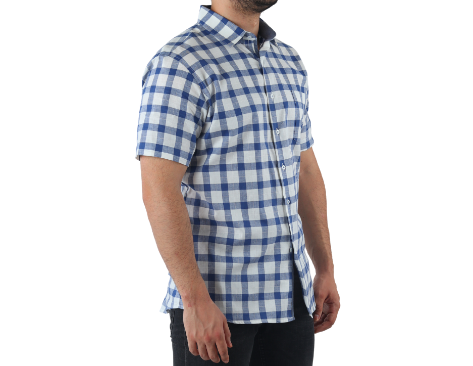 Camisa Casual Manga Corta para Hombre de Cuadros Azul de Corte Slim Fit | 70% Algodón y 30% Lino | KHAKI & BLUES