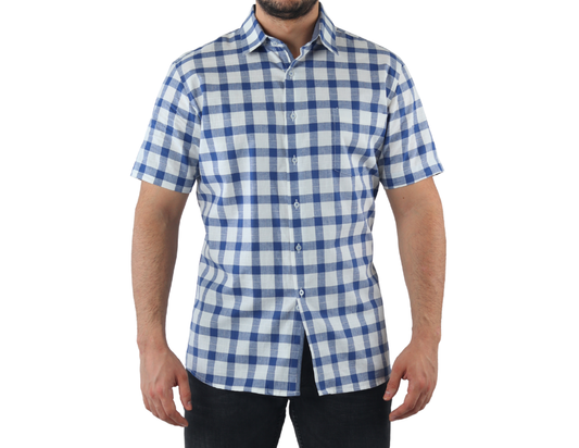 Camisa Casual Manga Corta para Hombre de Cuadros Azul de Corte Slim Fit | 70% Algodón y 30% Lino | KHAKI & BLUES